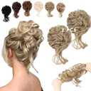 2PCS Messy Bun Hair Piece Tousled Updo with Tendrils Wavy Curly Hair Bun Scrunchies Ponytail Extension Elastic Band Hairpieces For Women (Ash Blonde)