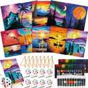 Ctosree 72 Pcs Colorful Sky Paint and Sip Kit for Adults 8'' x 10'' Pre Drawn Canvas for Painting DIY Pre Printed Canvas for Party Favor Afro Acrylic Painting Kit Wood Easel Brushes Date Night Bulk