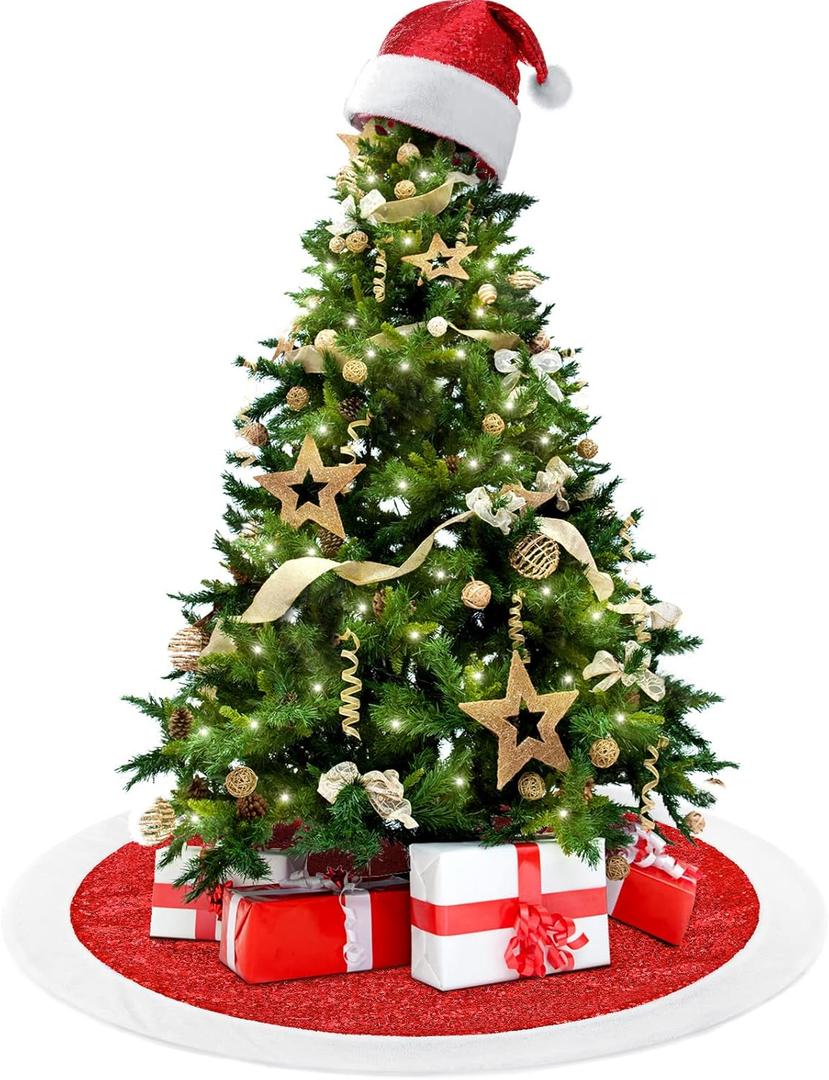 2 Pieces 32 Inch Christmas Red Glitter Tree Skirt and Santa Hat Tree Topper Elegant Washable Xams Skirt for Christmas Decoration Winter Holiday Party Supplies