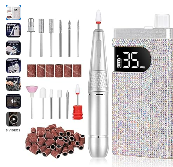 Rechargeable 35000RPM Nail Drill Sparkling Portable Professional Electric Nail File with 12 Drill Bit for Acrylic/Gel Nails Professional Nail Tools for Manicure Pedicure, Glitter