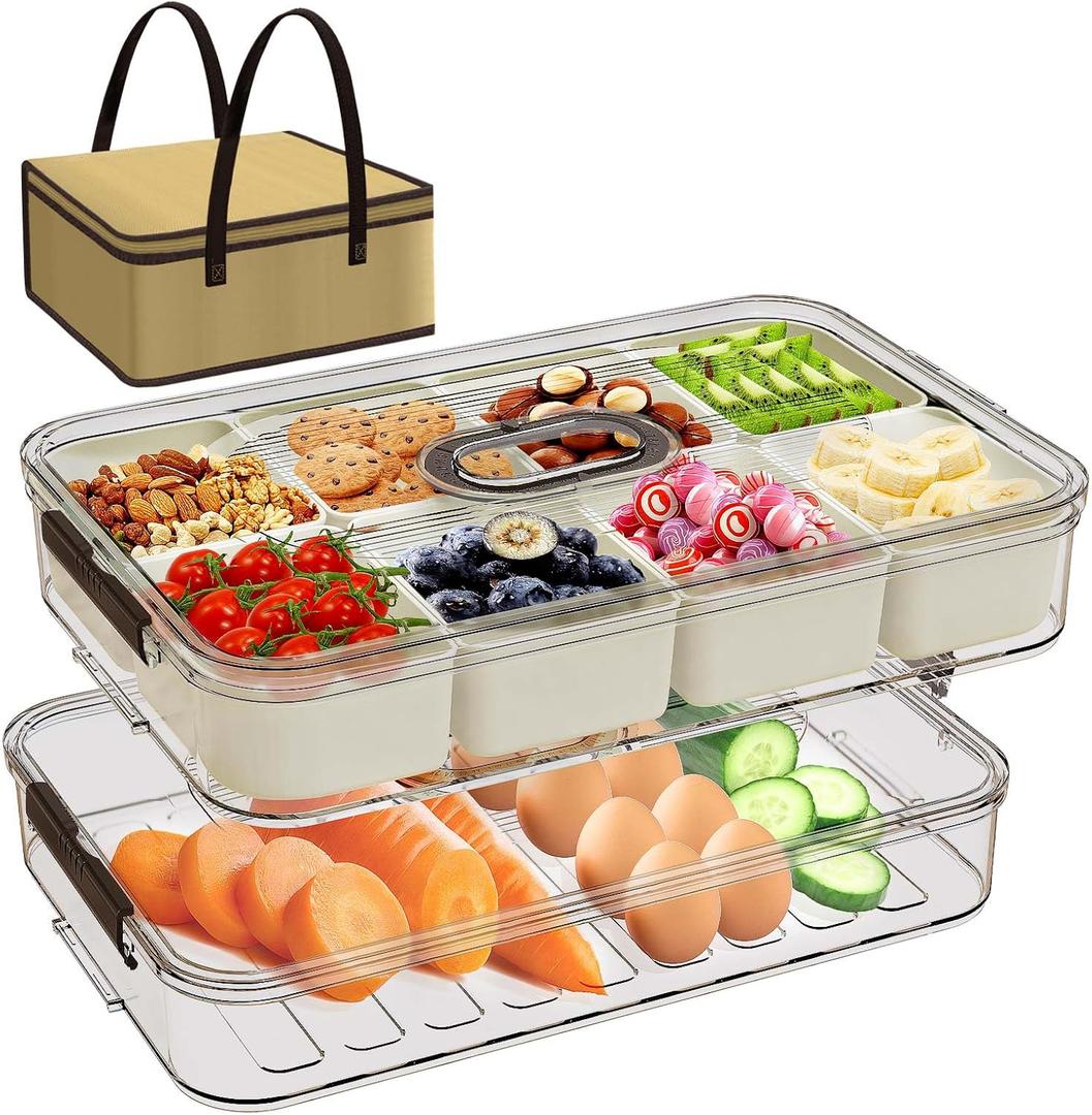 Snack Box Containers, Divided Serving Snack Tray with Lid - Double layered Stackable Snackle Platters with Bag, 8 Compartment for Snacks, Candy, Fruits, Nuts, Veggie for Fridge, Gray Large Organizer.
