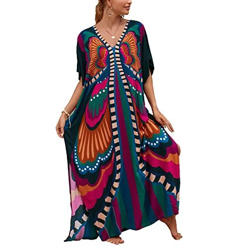 sunforyou Kaftan Dresses for Women Plus Size Lightweight Swimsuit Cover up Batwing Sleeve Print Loungewear Beach Robe (9141) Butterfly One Size Fits All