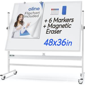 Oline Mobile Whiteboard 48 x 36 Inch Large Height Adjust 360 Magnetic Rolling Double Sided Reversible Dry Erase Board