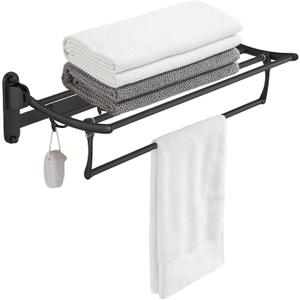 BESy 24 Inch Matte Black Towel Racks, Bathroom Towel Shelf with Foldable Towel Bar Holder and Towel Hooks, Wall Mounted Multifunctional Bathroom Accessories, Double Towel Bars