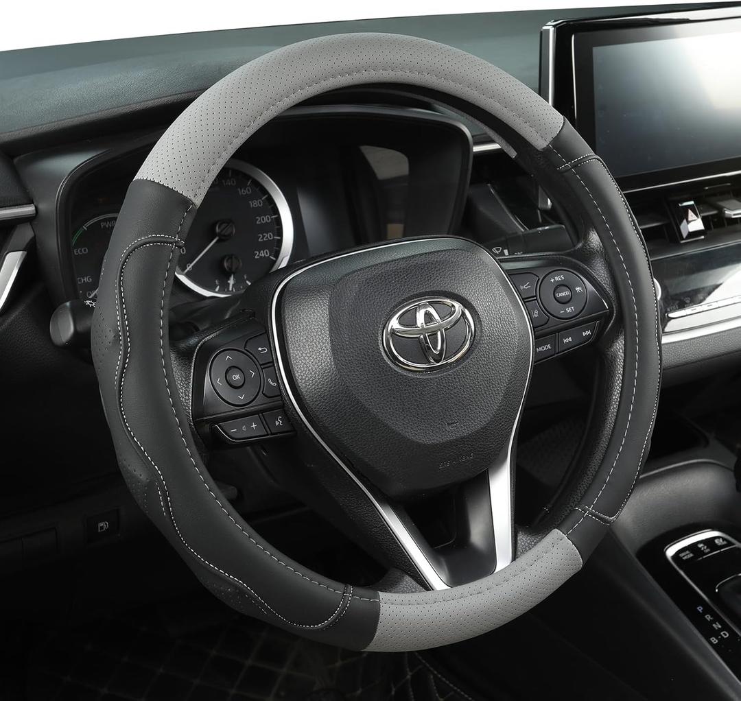 West Llama 3D Texture Steering Wheel Cover for Toyota, Anti-Slip Design, Premium Leather, Custom Fit for 14.5-15 inch, Stylish Interior Decoration(Gray+Black-Standard Size)