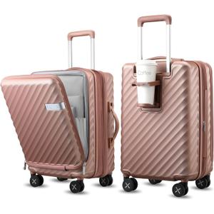 LUGGEX Carry On Luggage with Compartment and Cup Holder, Expandable PC Hard Shell Suitcase with Front Pocket (Rose Gold, Carry-On 20-Inch)