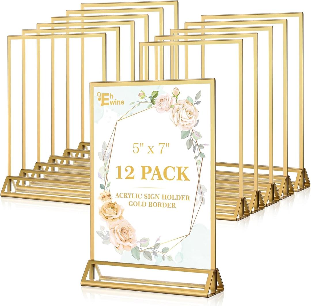 EHWINE 12 Pack Acrylic Sign Holder 5 x 7, Double Sided Gold Picture Frame Stand up Table Top Sign Holders, Clear Display Stand Menu Flyer Holder for Wedding Party (Provide Non-slip Mats)