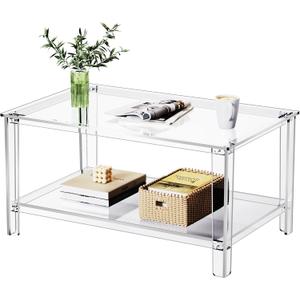 Acrylic Coffee Table with Storage Shelf,Rectangle Living Room 2-Tier Center Table for Small Spaces (Rectangle, Clear, Nomal)