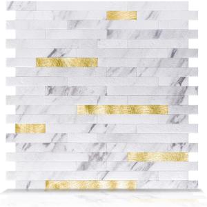 Art3d 10-Sheet Peel and Stick Stone Overlay Kitchen Backsplash Tile - Volakas White Embellished with Metal Gold (11.7" x 12")