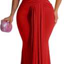 Memoriesea Women's Elegant Sleeveless Deep V Neck Bodycon Party Evening Gown Maxi Dress (Large, Red)