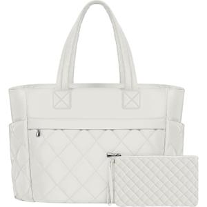 Tote Bag for Women, 15.6 Inch Laptop Bag, Large Quilted Work Shoulder Bag Ultra Lightweight Puffer Handbag for Travel (23L, Beige)