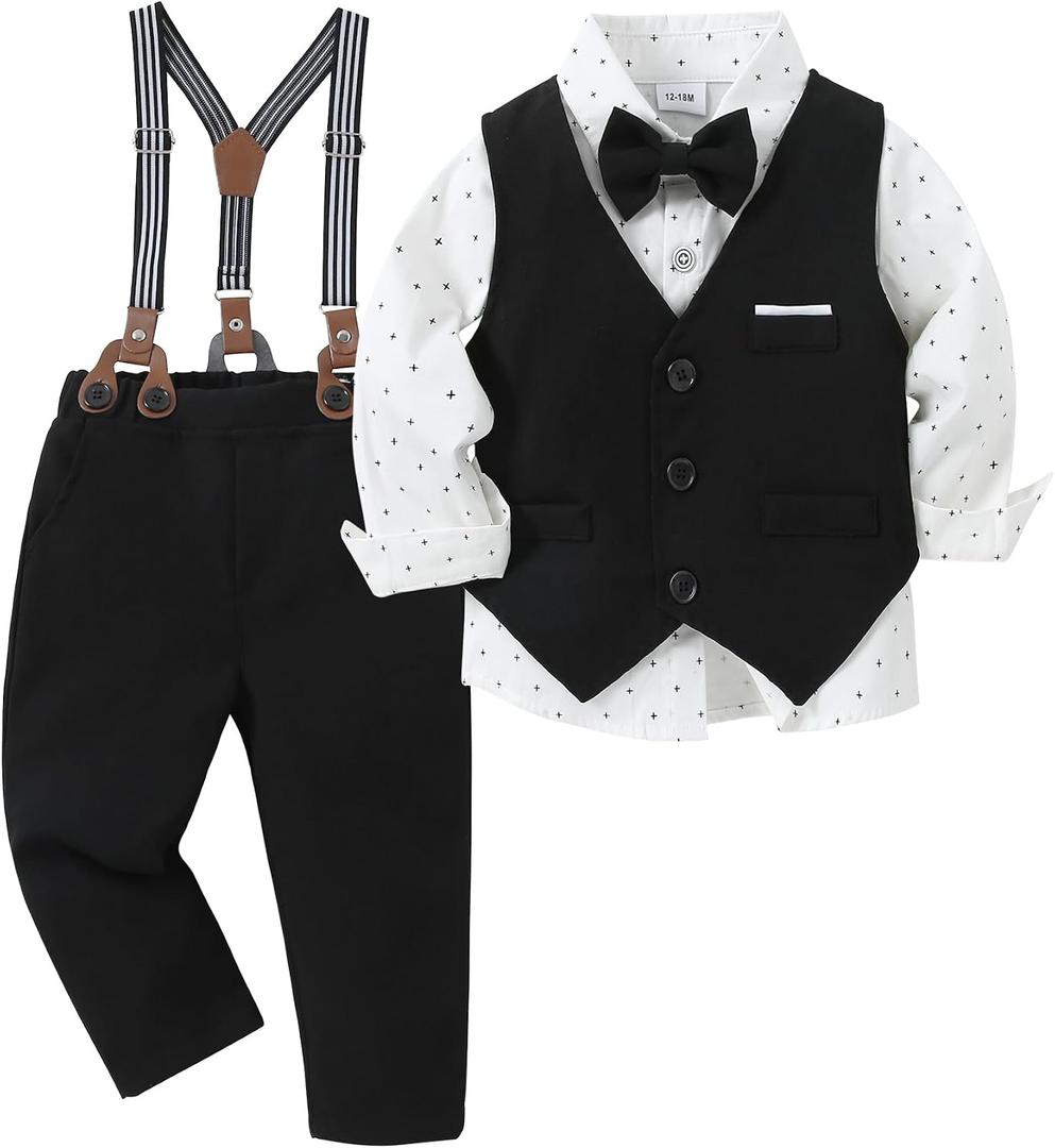 ZOEREA Toddler Boy Suit Formal Wedding Outfits Gentleman Clothes Long Sleeve Shirt + Suspender Pants + Bowtie, Size 3-4Y