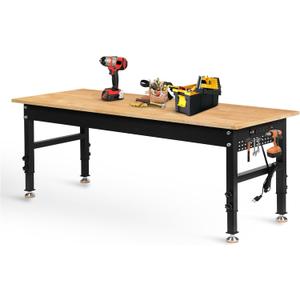 Betterhood 70" Adjustable Height Workbench, 2000 LBS Heavy Duty Work Table with Power Outlets & Pegboard, Rubber Wood Workstation for Garage, Workshop, Office, Home, Commercial