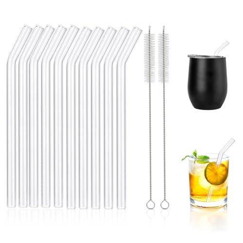 [10 Pcs] Reusable Short Bent Glass Straws - 6" x 8 mm Clear Glass Straws Shatter Resistant Cocktail Straw With 2 Cleaning Brushes for Whiskey,Coffee,Short Tumblers