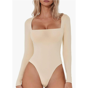 Women's Sexy Square Neck Bodysuit Long Sleeve Double Lined Shirt Tops Size XXL