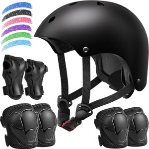 Kids Bike Helmet Set, Adjustable Helmet for Ages 2-3-5-8-14 Year Boys Girls, Toddler Pad Set with Knee and Elbow Pads for Bike, Roller, Skating, Scooter, Longboard and More Sports, 6 Color (Black)