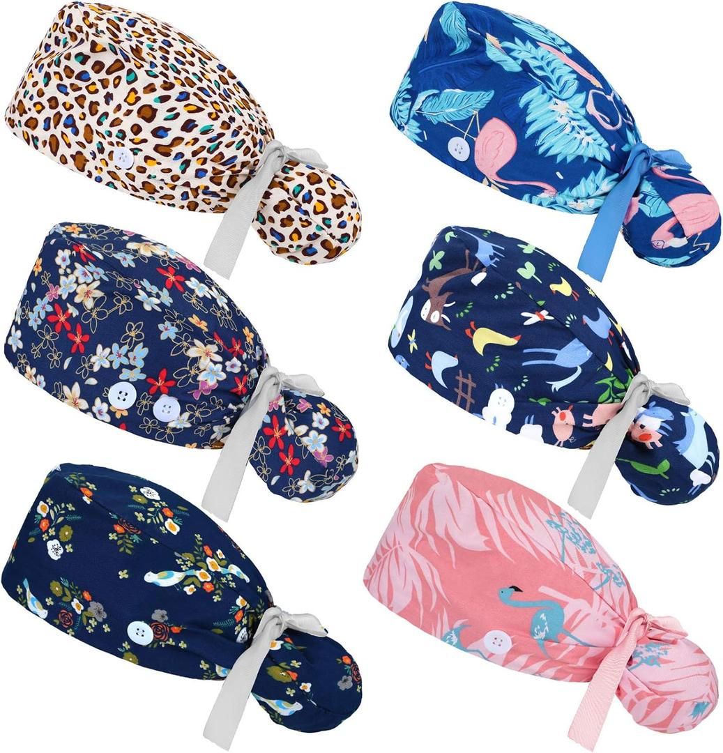 Honoson 6 Pcs Scrub Caps Women Nursing Hats with Buttons Adjustable Bouffant Nurse Hats Ponytail Holder Bouffant Turban