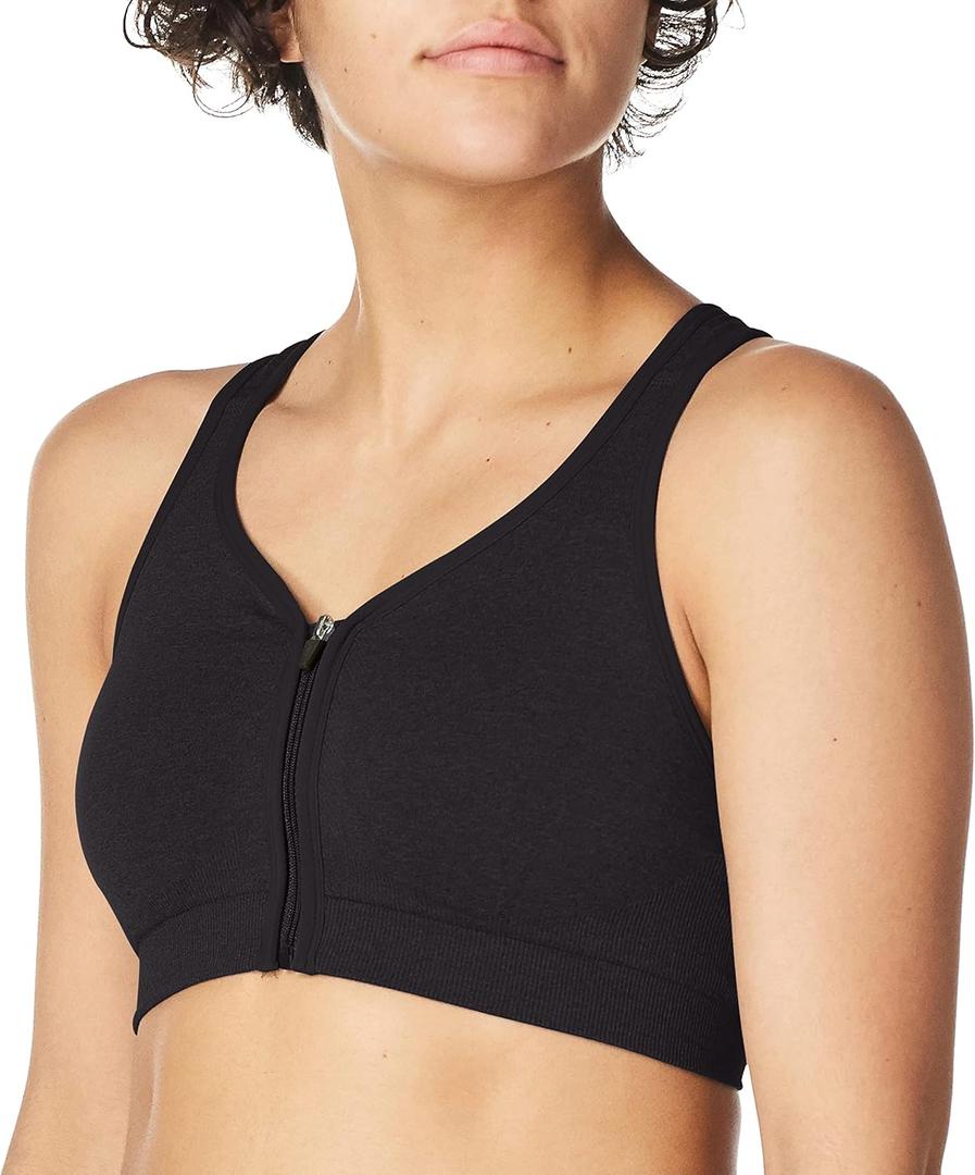 Jockey Women's Mid Impact Zip Front Sports Bra (Large, Black)