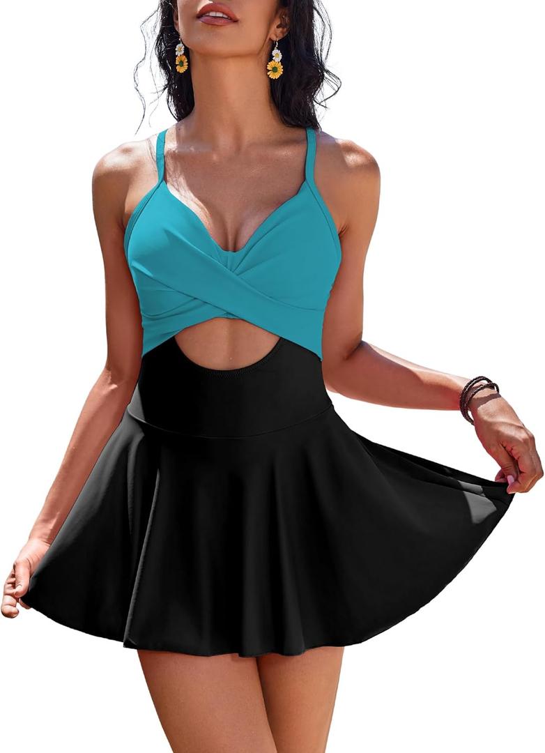 AI'MAGE Women's One Piece Swimdress V Neck Tie Back Skirt Swimsuit Push Up Tummy Control Bathing Suits (Peacock Blue, XXL)