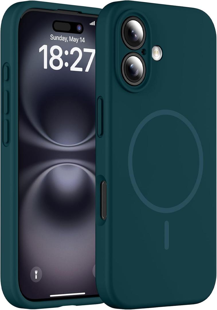 Magnetic for iPhone 16 Case, Compatible with MagSafe, Full Camera Protection, Military-Grade Protection 3.0mm Thicken Silicone Phone Cover for 16 6.1",Blackish Green