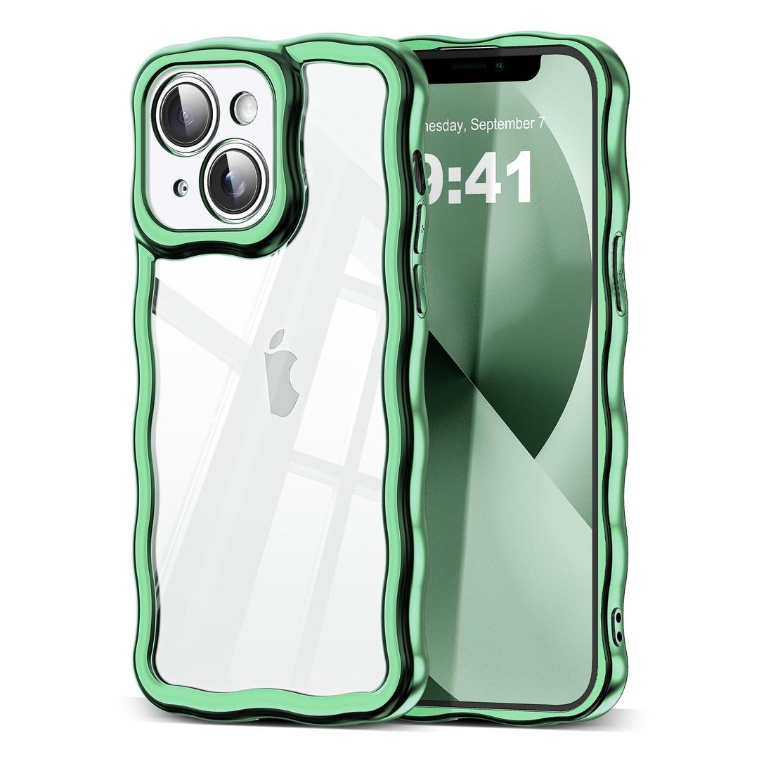 SKYLMW Compatible with iPhone 13 Case, Kawaii Cute Curly Wave Frame Luxury Plating Edge, Stylish Glossy Clear Back, Soft TPU Shockproof Protective Cases for iPhone 13, Green