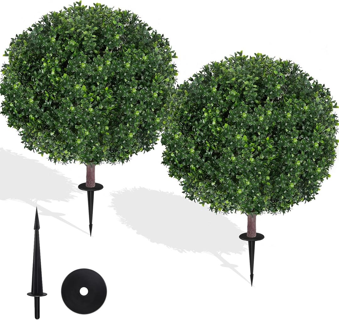 27.5" Artificial Boxwood Topiary Ball Tree, Set of 2 Fake Bushes Shrubs with Ground Spike, UV Resistant Faux Evergreen Boxwood Trees for Front Porch Planters Outdoor Garden Decor