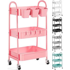 3 Tier Metal Rolling Cart with Lockable Wheels and Handle, Three Tiered Pink Trolley Cart on Wheels, Utility Storage Organizer for Bathroom, Kitchen, Teachers, Art, Crafts, Baby Diaper, Snack, Nail