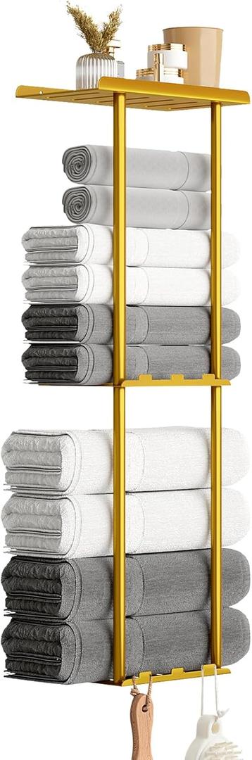 Towel Racks for Bathroom, 3 Tier Metal Towel Holder, with Shelf & 6 Hooks, 29 inch Wall Mounted Towel Storage, 6 Large Bath Towels Capacity, Small Bathroom Towel Rack for Rolled Towels, Gold