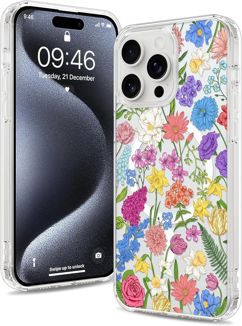 Magnetic for iPhone 15 Pro Case [Compatible with MagSafe] Colorful Floral Flower Pattern Design, Clear Slim Shockproof Protective Phone Cover for Women Girls