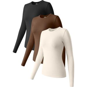 OQQ Womens 3 Piece Long Sleeve Tops Crew Neck Stretch Fitted Underscrubs Layer Tee Shirts 2025 Casual Outfits (Small, Black,coffee,beige)