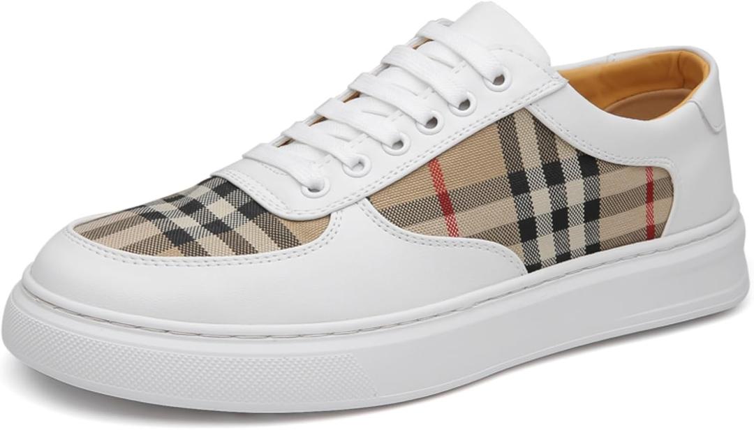 Men's Lace - up Plaid - Paneled Sneakers, Casual Low - top Canvas & Leather Shoes for Daily & Street (White, 44)