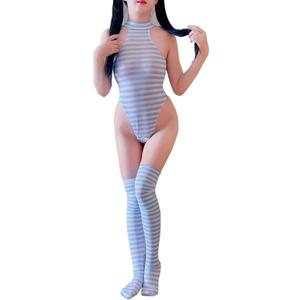 SINROYEE Women Kawaii Anime Onesie SexyCosplay Lingerie set Halter Strap Micro Bra Tiny Panty with Striped Stockings (Blue 1, ONE SIZE)