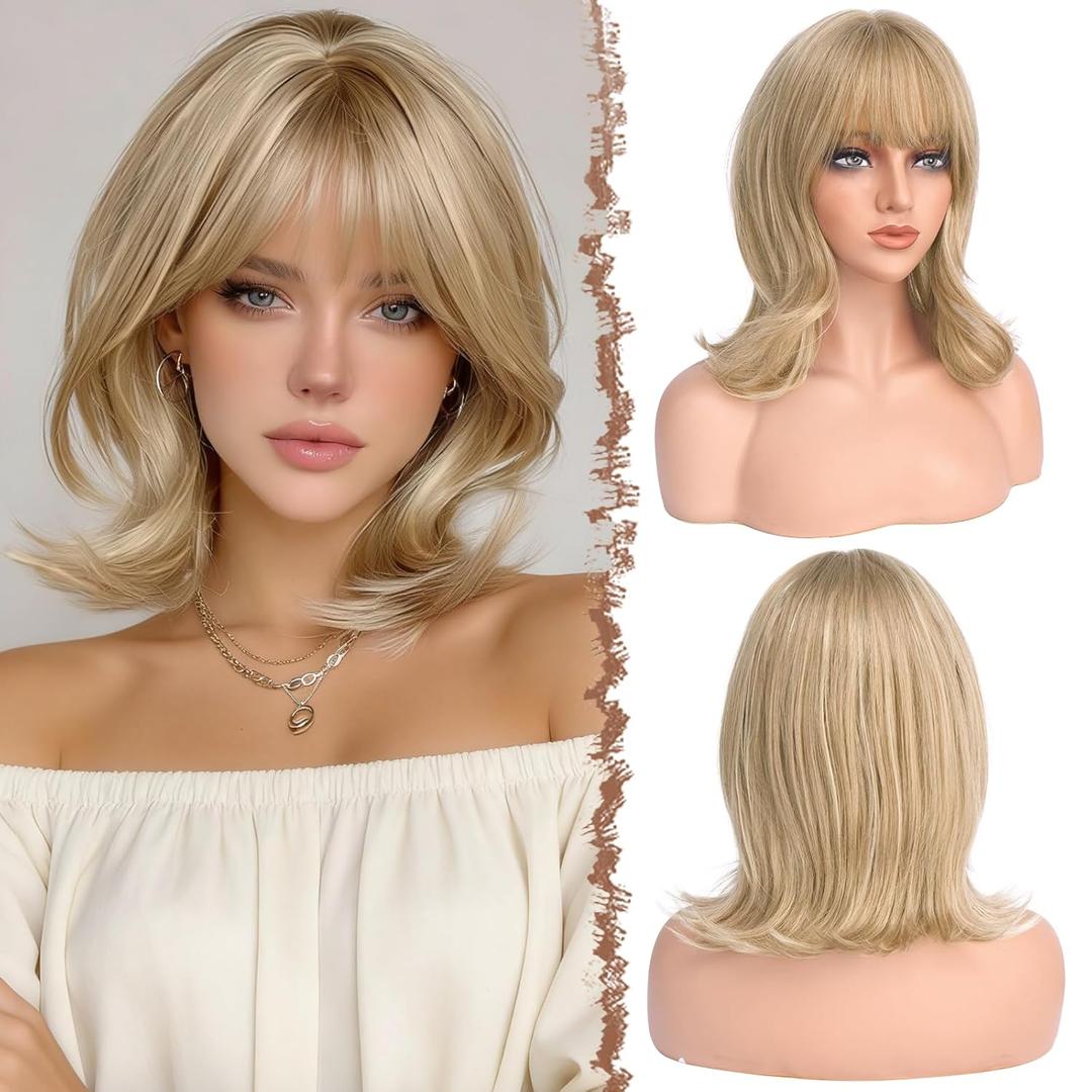 FESHFEN Shoulder Length Bob Wigs with Bangs for Women - Dirty Blonde Natural Layered Wavy Synthetic Wig For Daily Party Costume Use 14 Inch