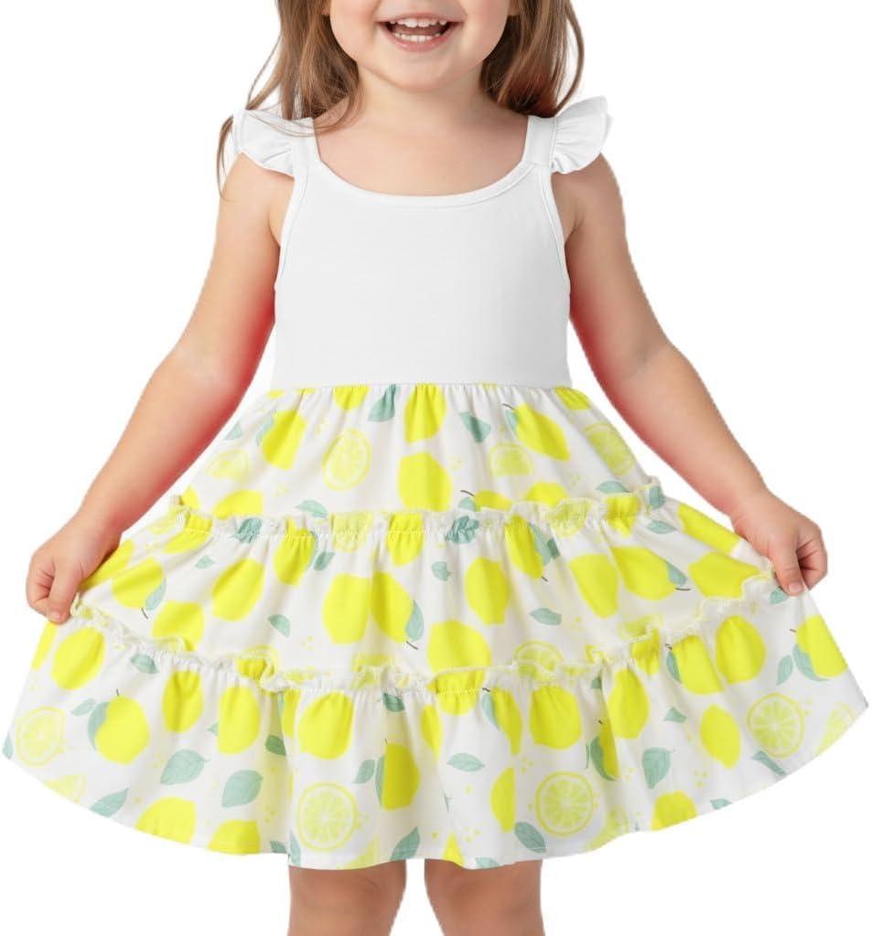 Toddler Girl Summer Dress Kids Sleeveless Holiday Hawaiian Dress Printed Ruffle Sundress Tiered Boho Beach Dresses (3-4T, Yellow)