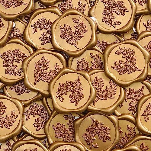 UNIQOOO Wax Seal Stickers - Eucalyptus Wedding Invitation Envelope Seal Stickers, 50 Pcs Self- Adhesive Antique Gold Stickers, Perfect for Invitation, Christmas, Gift Wrapping, Party