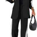 CHICME Womens Two Piece Outfits Striped Side Button Blazer and Pants with Pockets Sets Business Casual Pant Suits Set (Black, L)