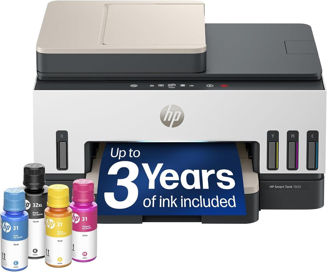 HP Smart Tank 7603 Wireless All-in-One Ink Tank Printer, Scanner, Fax, Copier with up to 3 Years of Ink Included, Best-for-Home Office, Cartridge-Free Refillable, AI-Capable (9B5D1A)
