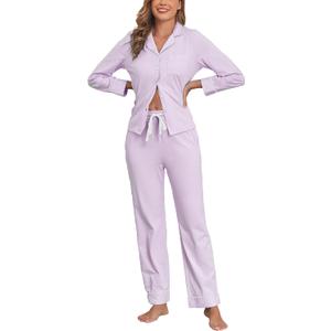 Veseacky 100% Cotton Pajamas for Women Set Long Sleeve Button Down Sleepwear Soft Pjs Lounge Sets with Pockets (Small, Lavender)