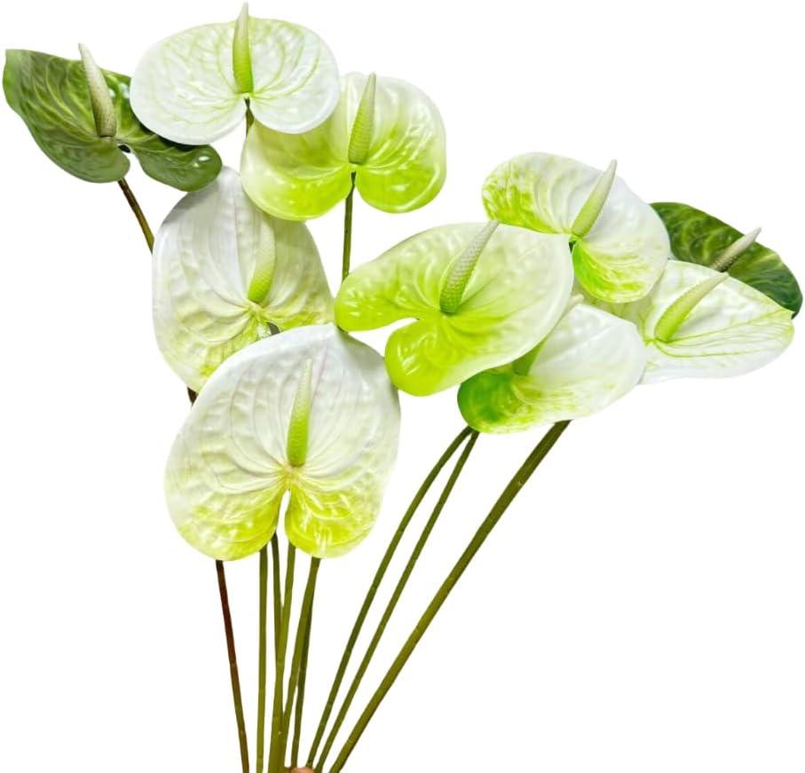 10 pcs 24"Artificial Anthurium Flowers with Stem, Fake Flower Filler Plants Real Touch Flower for Spring Home Decor,Table Centerpieces, Wedding Party Decor,Background Wall Decor (Mix White/Green)