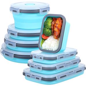 8 Pack Collapsible Food Storage Containers with Lid, Silicone Foldable Rectangle Round Food Prep Containers Bowl, Stacking Camper Lunch Box for Leftovers Meals, Microwave Dishwasher Safe