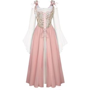 Scarlet Darkness Women Renaissance Costume Floral Lace Up Bell Sleeve Peasant Medieval Fairy Dress (16, Lotus)