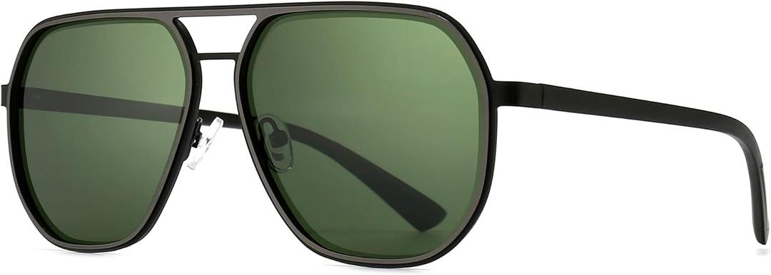 SUNGAIT Polygon Aviator Sunglasses for Men Polarized Trendy Square Sun Glasses Retro Pilot Shades UV Protection (Gunmetal Frame/Sliver Rim/Dark Green Lens)
