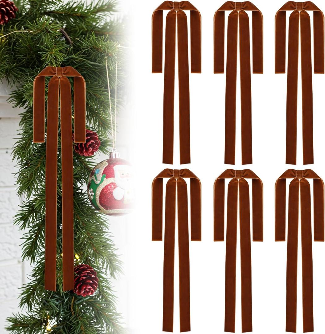 TONIFUL Brown Velvet Bows 16x24 Inch - 6 Pack Christmas Bows for Tree, Wreath, Gift Wrapping, Floral Bouquet, Staircase, Fireplace, Table Decor, Front Door, Wedding, Chirstmas, Home&Party Decor