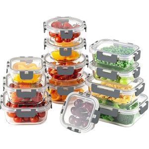 HOMBERKING 24pc Borosilicate Glass Food Storage Containers with Snap Locking Lids, Glass Meal Prep Containers, Airtight Lunch Boxes, Oven, Freezer and Dishwasher Safe, BPA Free, Kitchen Storage Set (Grey)