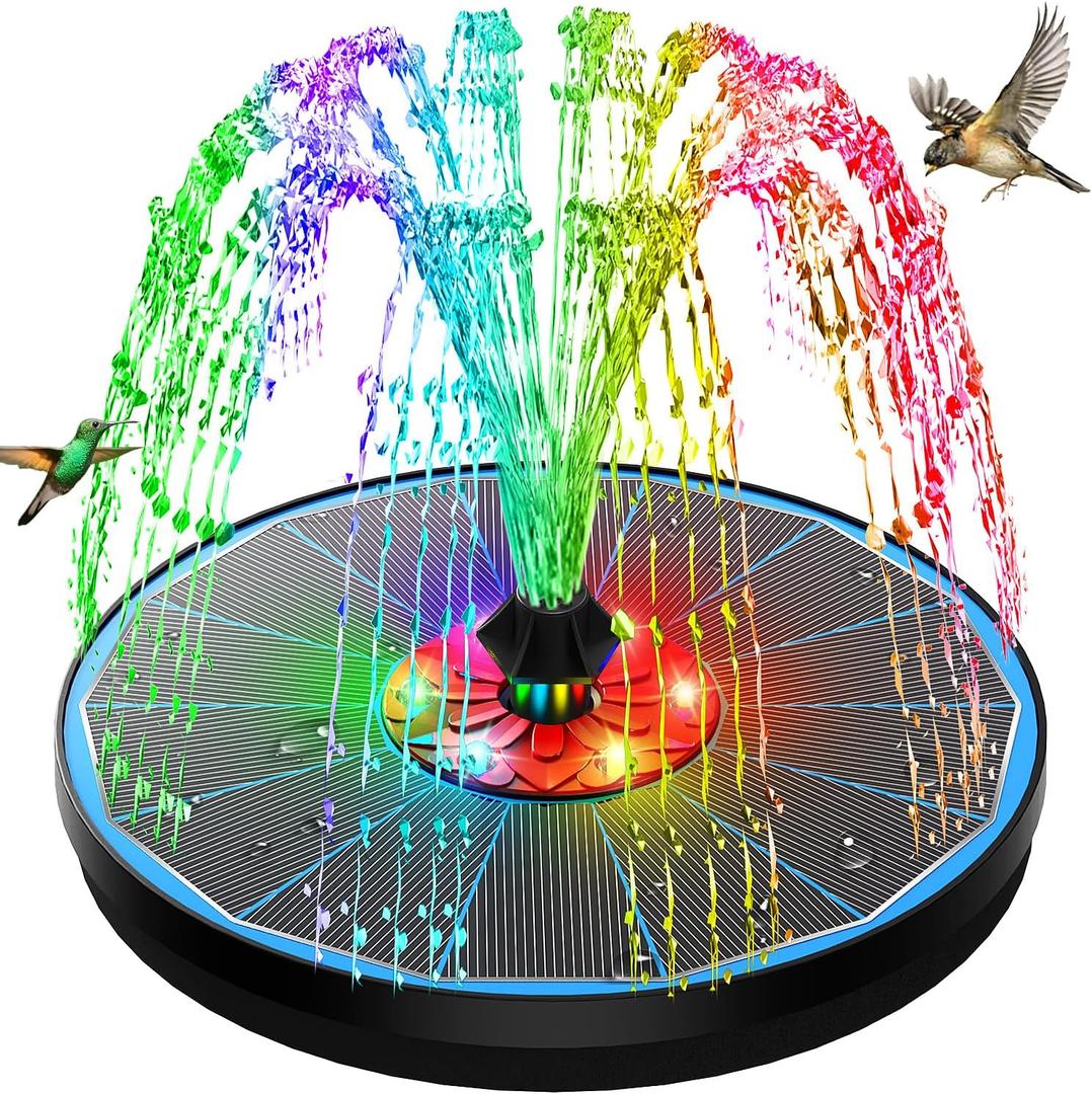Solar Bird Bath Fountain,Upgrade 3.5W Glass Panel Solar Fountain with 2200mAh Backup Battery, Colorful LED Lights,8 Spray Mode, 4 Fixed Rods for Garden, Pond, Pool,Patio Outdoor Water Feature
