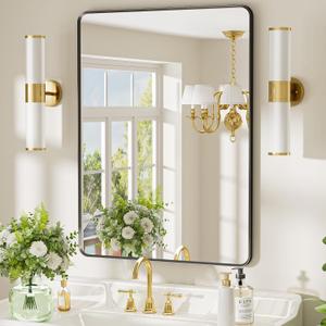 24x36 inch Black Bathroom Mirror, Metal Framed Rounded Rectangle Wall Mount Vanity Mirror, HD Tempered Glass, Aluminum Frame, Horizontal or Vertical Hanging, Modern Home Decor