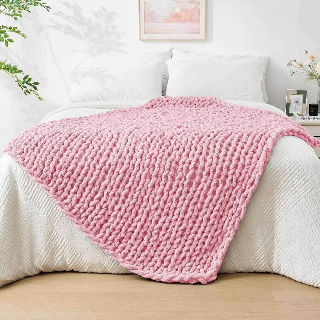 Bigacogo Chunky Knit Blanket Throw 40"x60", 100% Hand Knitted Chenille Throw Blanket, Soft Thick Yarn Cable Knit Blanket, Cute Rope Knot Crochet Throw Blankets for Couch Bed Sofa (Pink)