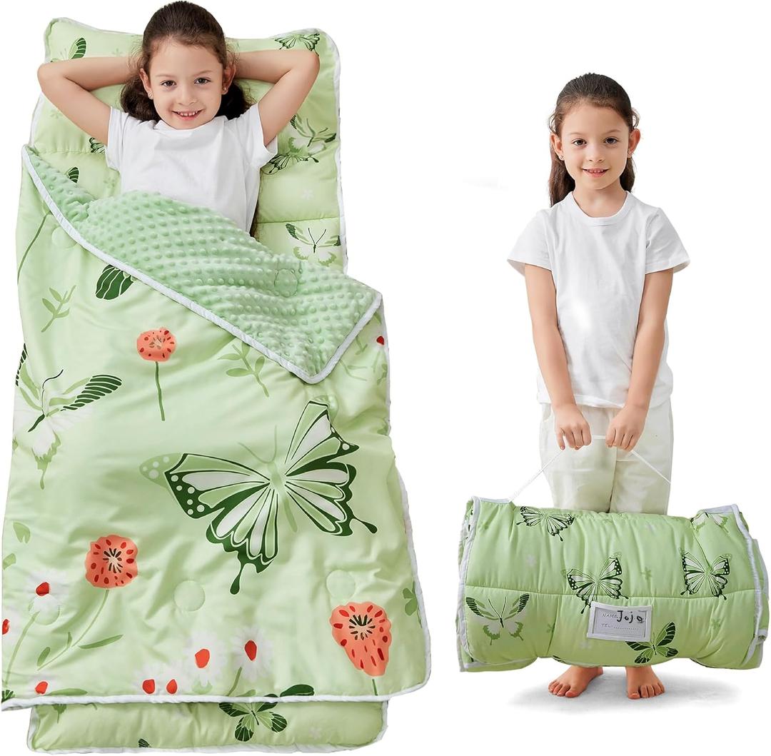 Toddler Nap Mat with Pillow and Blanket, Extra Large Rolled Napping Mats,Slumber Bags for Boys Girls,Kids Sleeping Bag for Daycare, Preschool Travel Camping (Green Butterfly)