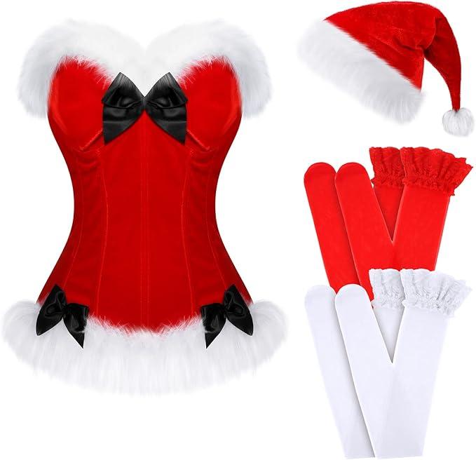 Haysandy 4 Pcs Sexy Christmas Santa Lingerie Costume Women Girls Claus Costume Dress Hat for Xmas Outfits, S