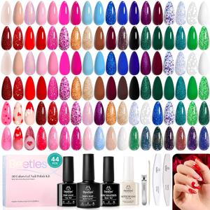 Beetles Glitter Gel Nail Polish Set 44Pcs, Red Gold Green Silver Burgundy Blue Pink Sparkle Gel Polish Kits with Base Top Coat Gift for Women (1-0-Glitz Galaxy)